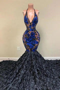 Amazing Black Appliques V-neck Halter Sleeveless Floor-length Mermaid Prom Dresses by misshow.com