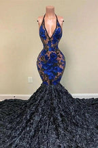 Amazing Black Appliques V-neck Halter Sleeveless Floor-length Mermaid Prom Dresses by misshow.com