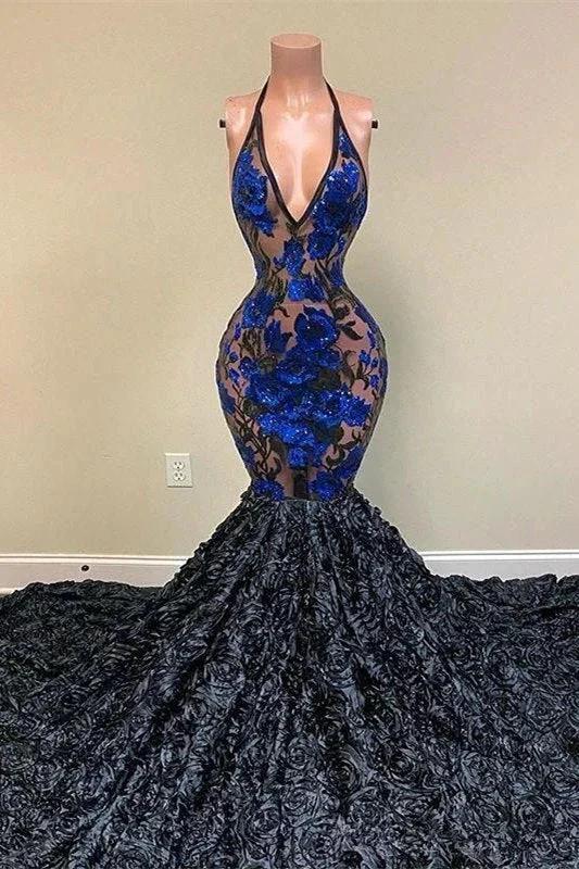 Amazing Black Appliques V-neck Halter Sleeveless Floor-length Mermaid Prom Dresses by misshow.com