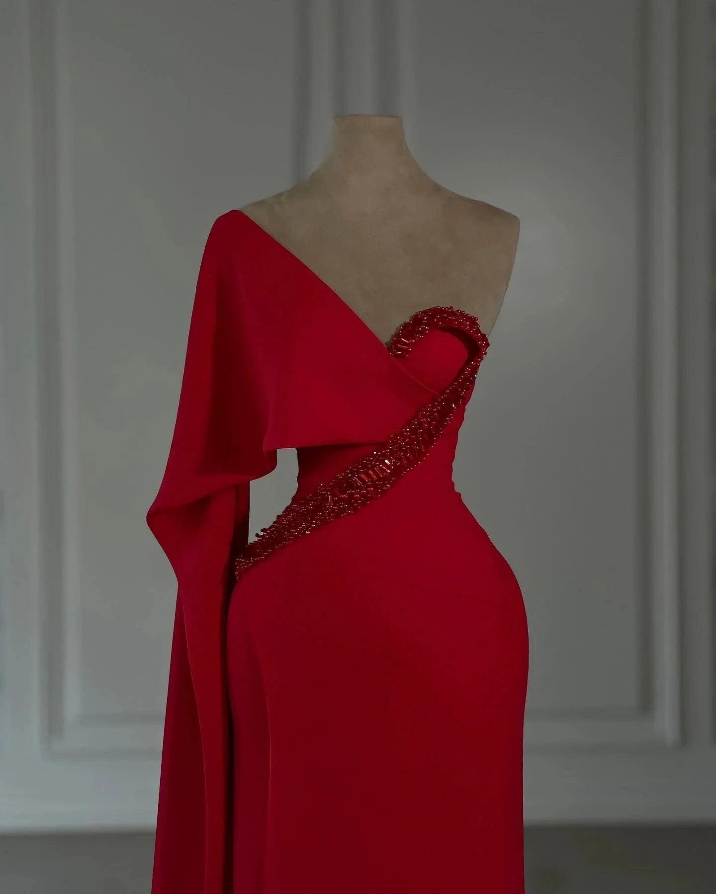 Amazing Column Chiffon One Shoulder Cap Sleeve Red Prom Dress With Rhinestone by misshow.com