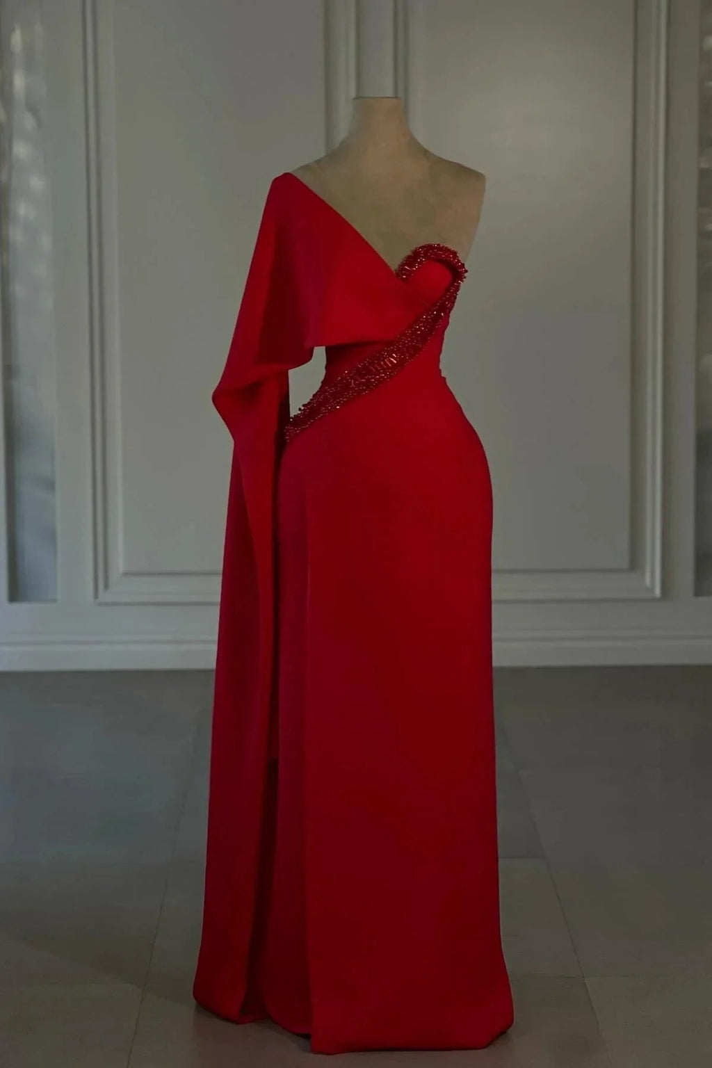 Amazing Column Chiffon One Shoulder Cap Sleeve Red Prom Dress With Rhinestone by misshow.com