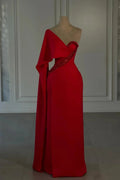 Amazing Column Chiffon One Shoulder Cap Sleeve Red Prom Dress With Rhinestone by misshow.com
