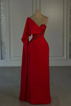 Amazing Column Chiffon One Shoulder Cap Sleeve Red Prom Dress With Rhinestone by misshow.com