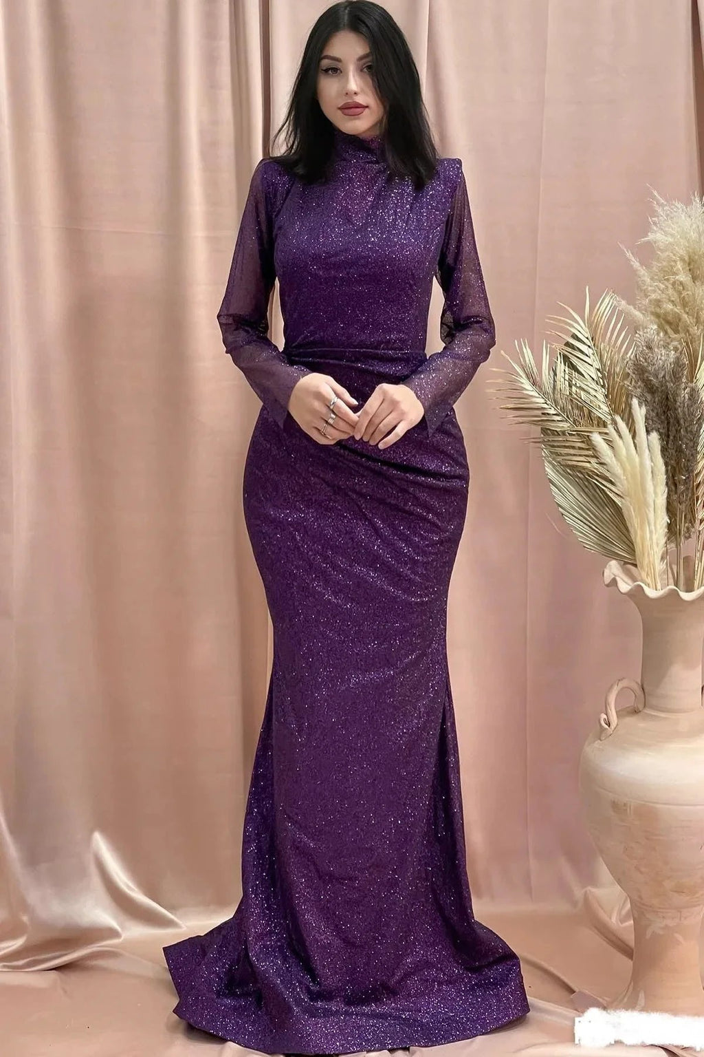 amazing column high neck long sleeve sequined satin prom dresses by misshow.com