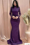 amazing column high neck long sleeve sequined satin prom dresses by misshow.com