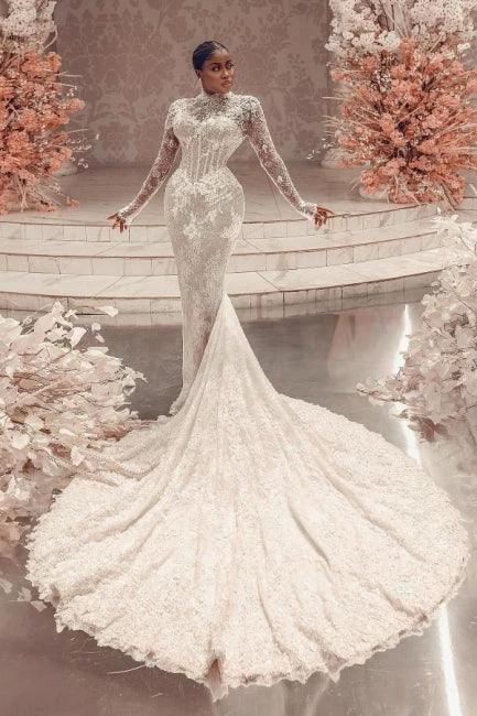 Amazing Column Lace High Neck Long Sleeve White Long Wedding Dress With Appliques Train by misshow.com