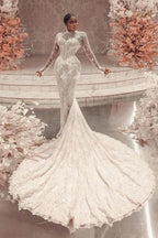 Amazing Column Lace High Neck Long Sleeve White Long Wedding Dress With Appliques Train by misshow.com