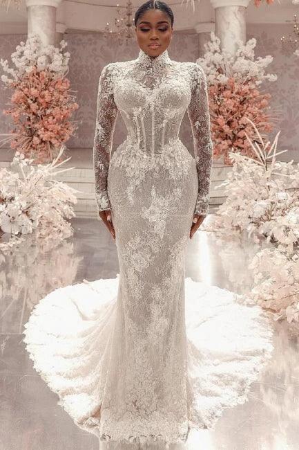 Amazing Column Lace High Neck Long Sleeve White Long Wedding Dress With Appliques Train by misshow.com