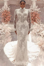 Amazing Column Lace High Neck Long Sleeve White Long Wedding Dress With Appliques Train by misshow.com