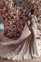 Amazing Column Lace High Neck Long Sleeve White Long Wedding Dress With Appliques Train by misshow.com
