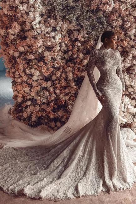 Amazing Column Lace High Neck Long Sleeve White Long Wedding Dress With Appliques Train by misshow.com