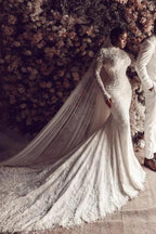 Amazing Column Lace High Neck Long Sleeve White Long Wedding Dress With Appliques Train by misshow.com