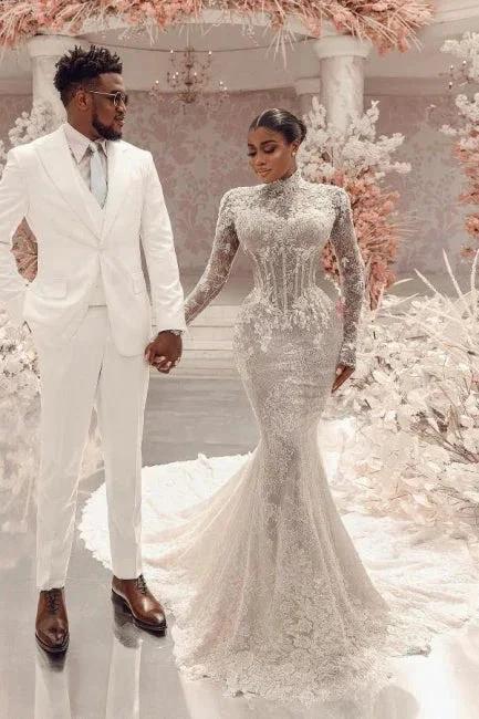 Amazing Column Lace High Neck Long Sleeve White Long Wedding Dress With Appliques Train by misshow.com