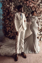 Amazing Column Lace High Neck Long Sleeve White Long Wedding Dress With Appliques Train by misshow.com