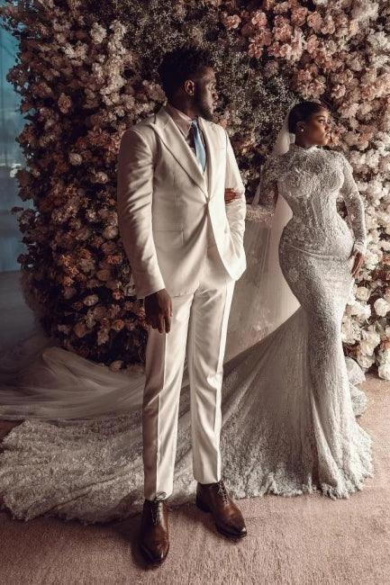 Amazing Column Lace High Neck Long Sleeve White Long Wedding Dress With Appliques Train by misshow.com