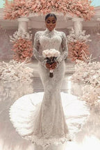 Amazing Column Lace High Neck Long Sleeve White Long Wedding Dress With Appliques Train by misshow.com