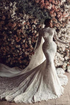 Amazing Column Lace High Neck Long Sleeve White Long Wedding Dress With Appliques Train by misshow.com
