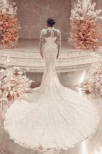 Amazing Column Lace High Neck Long Sleeve White Long Wedding Dress With Appliques Train by misshow.com