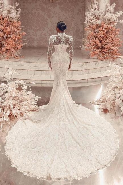 Amazing Column Lace High Neck Long Sleeve White Long Wedding Dress With Appliques Train by misshow.com