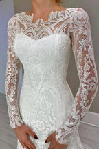 Amazing Column Lace Long Sleeve White Wedding Dresses With Appliques by misshow.com
