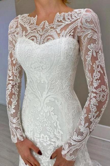Amazing Column Lace Long Sleeve White Wedding Dresses With Appliques by misshow.com