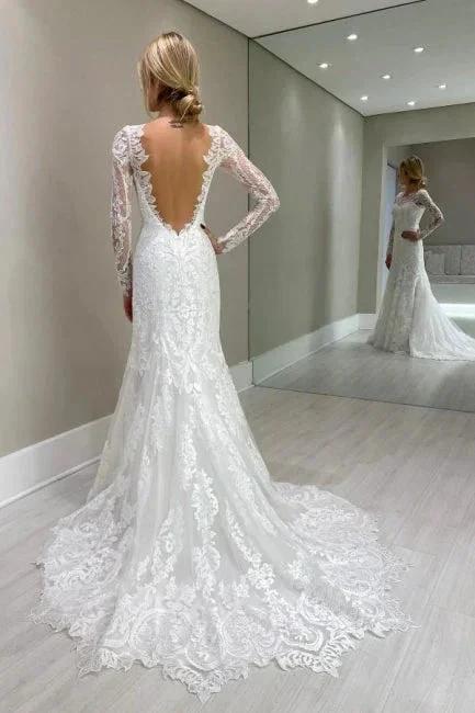 Amazing Column Lace Long Sleeve White Wedding Dresses With Appliques by misshow.com