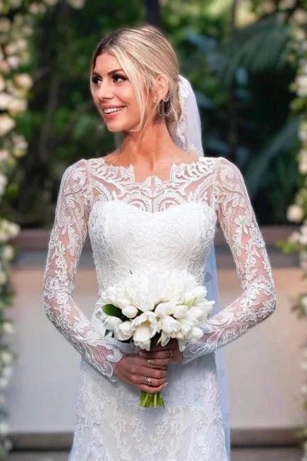 Amazing Column Lace Long Sleeve White Wedding Dresses With Appliques by misshow.com