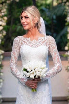 Amazing Column Lace Long Sleeve White Wedding Dresses With Appliques by misshow.com