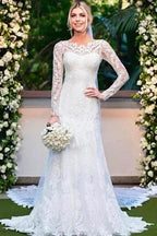 Amazing Column Lace Long Sleeve White Wedding Dresses With Appliques by misshow.com