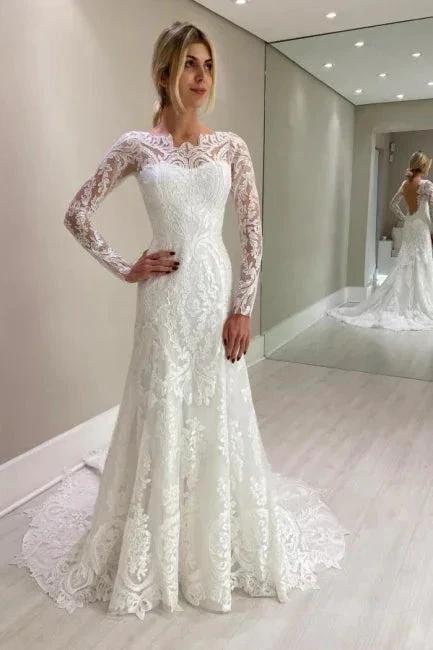 Amazing Column Lace Long Sleeve White Wedding Dresses With Appliques by misshow.com