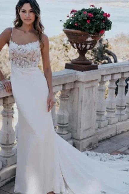 Amazing Column Lace Scoop Sleeveless White Wedding Dress With Appliques by misshow.com