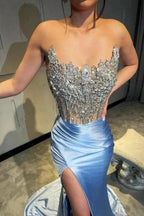 Amazing Column Satin Lace Sleeveless Prom Dress With Split by misshow.com