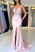 Amazing Column Satin Lace V-Neck Sleeveless Prom Dresses With Split Front by misshow.com
