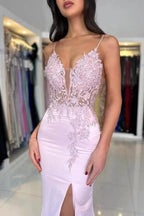 Amazing Column Satin Lace V-Neck Sleeveless Prom Dresses With Split Front by misshow.com