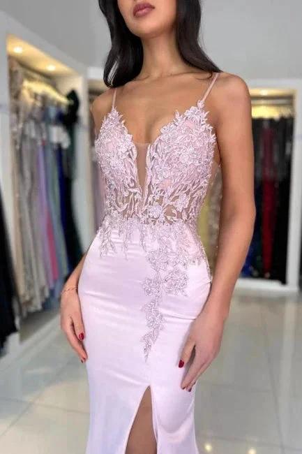 Amazing Column Satin Lace V-Neck Sleeveless Prom Dresses With Split Front by misshow.com