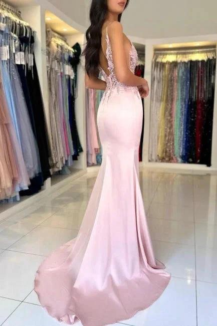 Amazing Column Satin Lace V-Neck Sleeveless Prom Dresses With Split Front by misshow.com