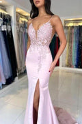 Amazing Column Satin Lace V-Neck Sleeveless Prom Dresses With Split Front by misshow.com