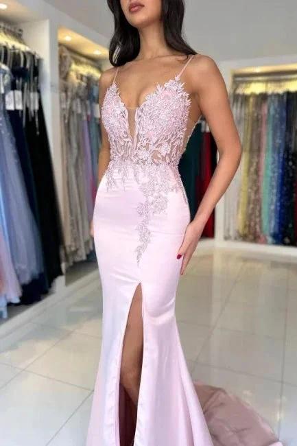 Amazing Column Satin Lace V-Neck Sleeveless Prom Dresses With Split Front by misshow.com