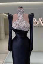 Amazing Column Satin Long Sleeve Black Prom Dresses With Rhinestone Train by misshow.com
