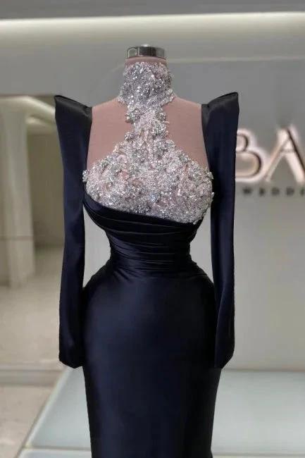 Amazing Column Satin Long Sleeve Black Prom Dresses With Rhinestone Train by misshow.com