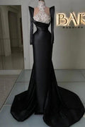 Amazing Column Satin Long Sleeve Black Prom Dresses With Rhinestone Train by misshow.com