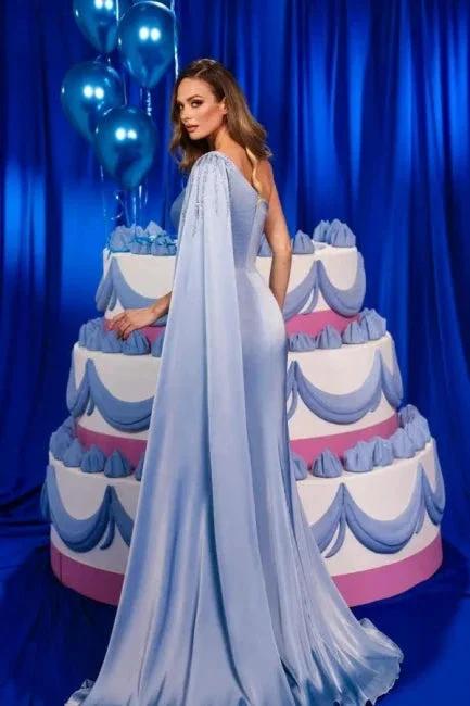Amazing Column Satin One Shoulder Sleeveless Prom Dresses With Ruffles Split Front by misshow.com