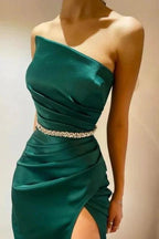 Amazing Column Satin Sleeveless Prom Dress With Ruffles Split by misshow.com