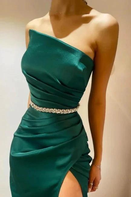 Amazing Column Satin Sleeveless Prom Dress With Ruffles Split by misshow.com