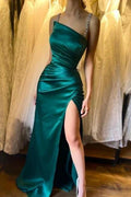 Amazing Column Satin Sleeveless Prom Dress With Ruffles Split by misshow.com