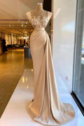 Amazing Column Satin Sleeveless Prom Dress with Lace and Pearls by misshow.com