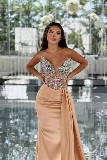 Amazing Column Satin V-Neck Sleeveless Prom Dress With Beading by misshow.com
