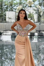 Amazing Column Satin V-Neck Sleeveless Prom Dress With Beading by misshow.com