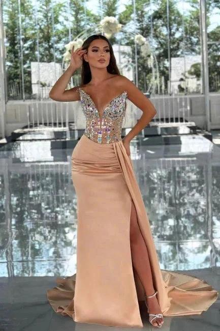 Amazing Column Satin V-Neck Sleeveless Prom Dress With Beading by misshow.com