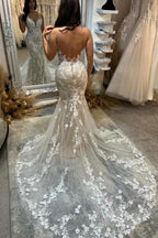 Amazing Column Tulle Lace Spaghetti Straps Sleeveless Ivory Wedding Dress With Appliques by misshow.com